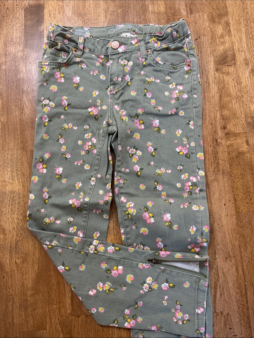 Cherokee Olive Green Floral Jeans with Pink & Yellow Blossoms